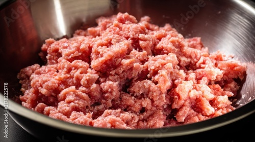 Ground Pork Pack Raw ground beef in a stainless steel bowl ready for cooking or food preparation.