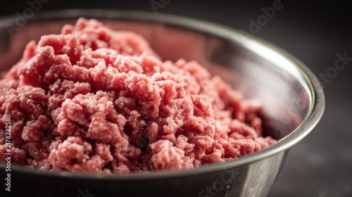 Ground Pork Pack Close-up of raw ground beef in a metal bowl ready for cooking or food preparation.