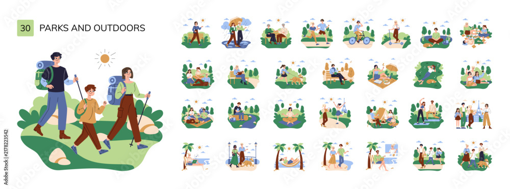 Fototapeta premium Hikers walking with backpacks in park outdoors vector set