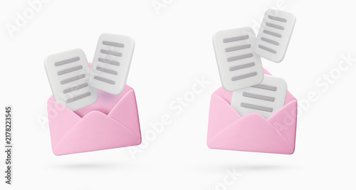 Set vector 3d pink envelope icon and documents isolated on white. Message, mail, open mail, newsletter subscriptions, business documents, email. Render illustration for banner, web, social media, app