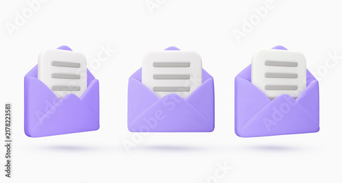 Set vector 3d envelope icon and document isolated on white. Message, mail, open mail, newsletter subscriptions, business documents, email. Render illustration for banner, web, social media, app