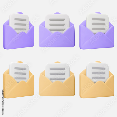 Set vector 3d envelope icon and document isolated on white. Message, mail, open mail, newsletter subscriptions, business documents, email. Render illustration for banner, web, social media, app