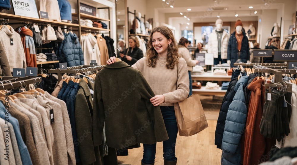 Obraz premium Happy young woman shopping for winter coat holding paper bag in retail clothing store