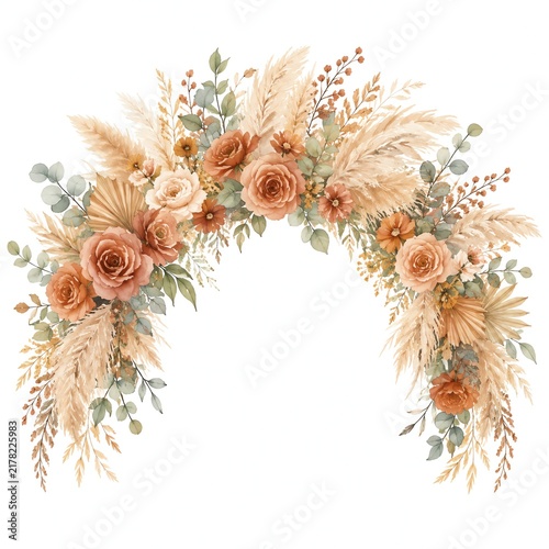Watercolor Boho Arch With Terracotta Roses And Pampas Grass