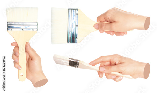 Set of Woman hand holds paint brush, isolated on transparent background, painting and design concept. Contemporary art design