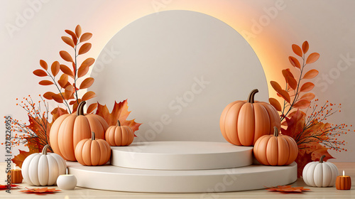 Autumn harvest pumpkins and fall leaves decorating a minimalist product display podium with warm light