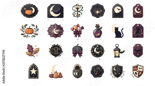 Vintage Halloween Vector Icon Set. Retro autumn symbols, mystical moon, pumpkins, cats, badges for spooky design isolated PNG with Transparent Background Halloween  Editable EPS