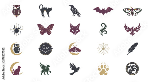 Halloween collection of spooky illustrations including haunted creatures, black cat, bats, moths, spider, fox, magic, and nature elements. Vintage witchcraft design. Decorations symbol set.