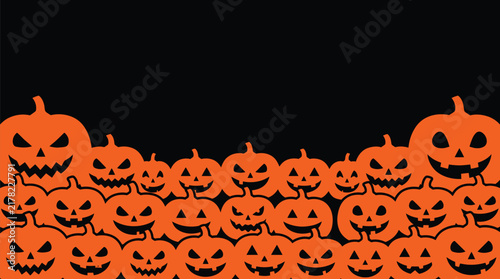A large collection of carved orange jack o lanterns with scary faces arranged together for a festive halloween party background design