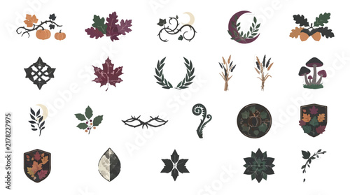Autumn Leaves and Pumpkins Vector Icons. Hand-drawn Fall Foliage, Maple, Mushrooms, Hedges. Rustic Seasonal Design Elements for Harvest Festival. Vintage Decorative Symbols Set. isolated PNG