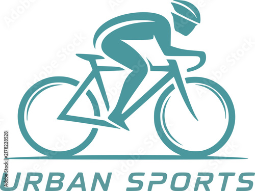 Cyclist silhouette riding road bike teal icon for urban sports brand identity and athletic lifestyle graphic design element for cycling clubs.