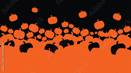 A vibrant digital illustration featuring a dense field of orange pumpkins set against a dark background perfect for a festive halloween design