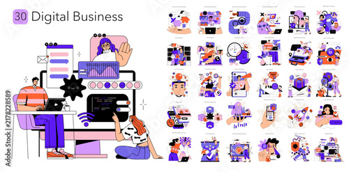 Digital business team managing online workflow vector set