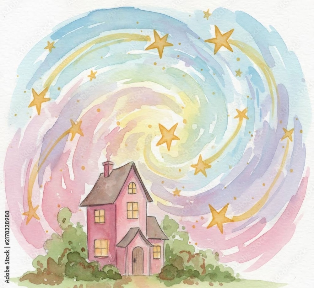 Obraz premium Whimsical Watercolor House Digital Art, Magical Starry Night Sky PNG for Seamless Pattern and Overlay, Pastel Storybook Fantasy Home Clipart for Etsy and Adobe Stock