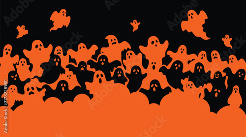A vibrant digital illustration featuring a crowd of spooky orange ghosts and dark creatures celebrating a fun and festive halloween night theme