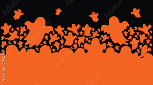 A festive halloween background featuring a pattern of cute orange ghosts and autumn leaves on a dark black and orange backdrop