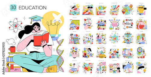 Education vector set with student reading book and learning