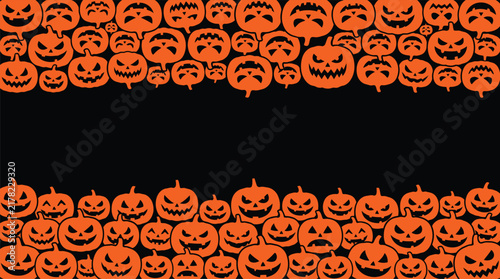 A festive halloween background featuring a collection of glowing carved jack o lanterns arranged in rows with a central black copy space