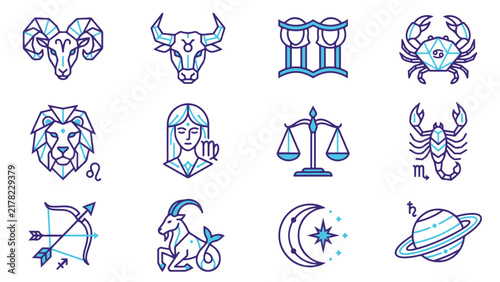 Geometric Horoscope Zodiac Signs Vector Icons Set for Astrology Design