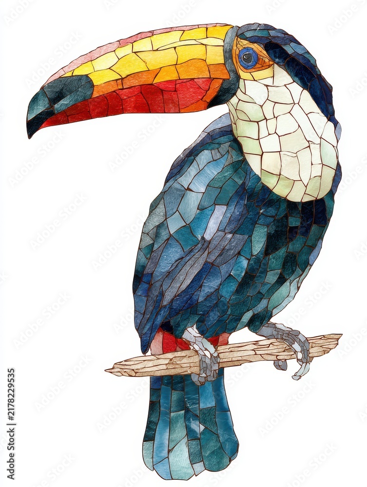 Obraz premium Colorful Mosaic Toucan Bird Perched On A Branch Isolated On A Crisp White Background