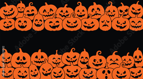 A festive collection of carved orange pumpkins featuring spooky faces arranged in a horizontal pattern for a fun halloween holiday background design