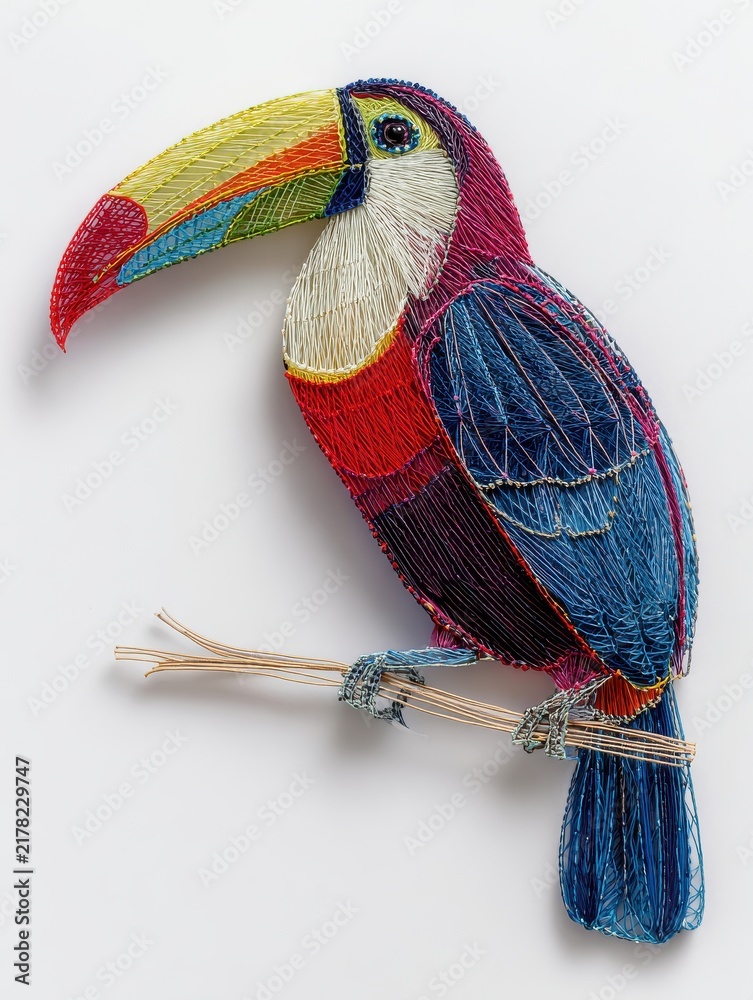 Obraz premium Colorful Toucan Bird Ornament Made From Sparkling Sequins And Beads Against A Plain White Background