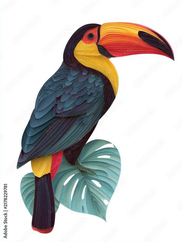 Obraz premium Colorful Toucan Bird Perched On Tropical Leaf Illustration Isolated On Plain White Background