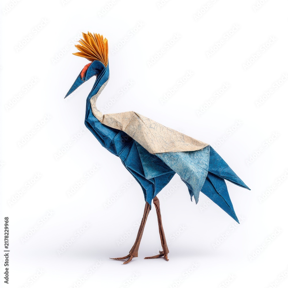 Fototapeta premium Complex Origami Paper Crane Sculpture In Vibrant Blue And Gold Against A Stark White Background