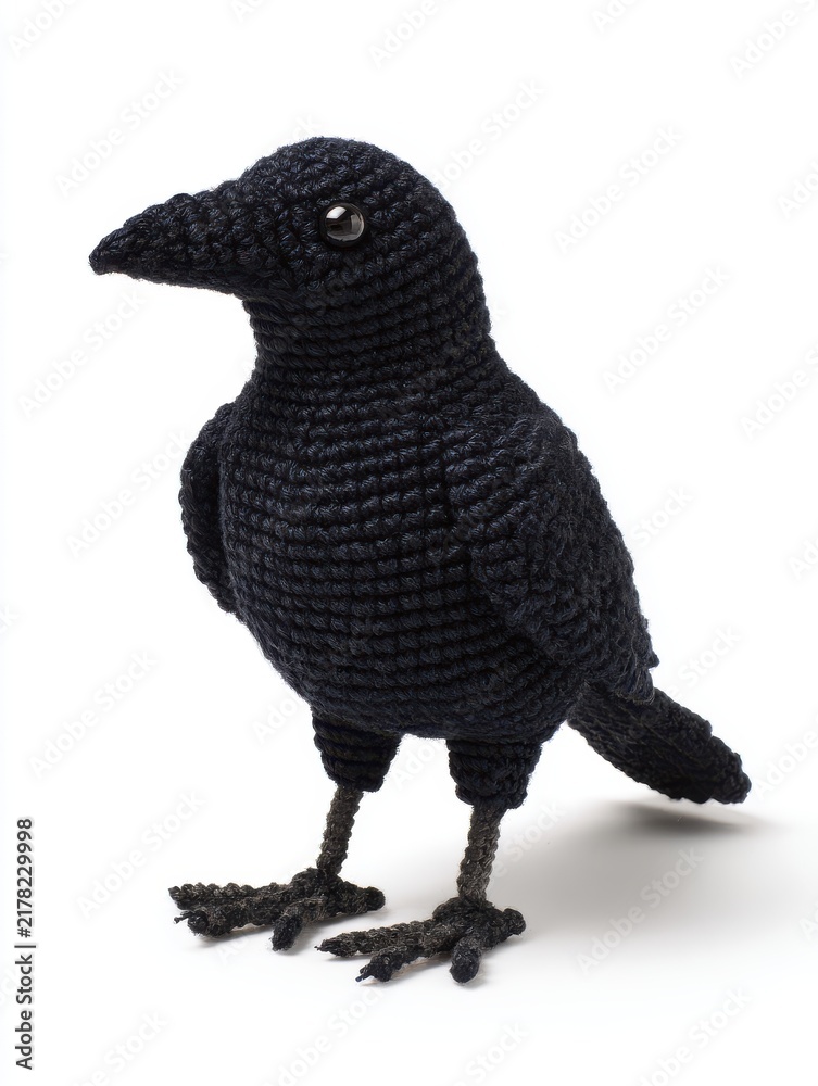 Obraz premium Crochet Black Crow Amigurumi Figurine Isolated On A White Background