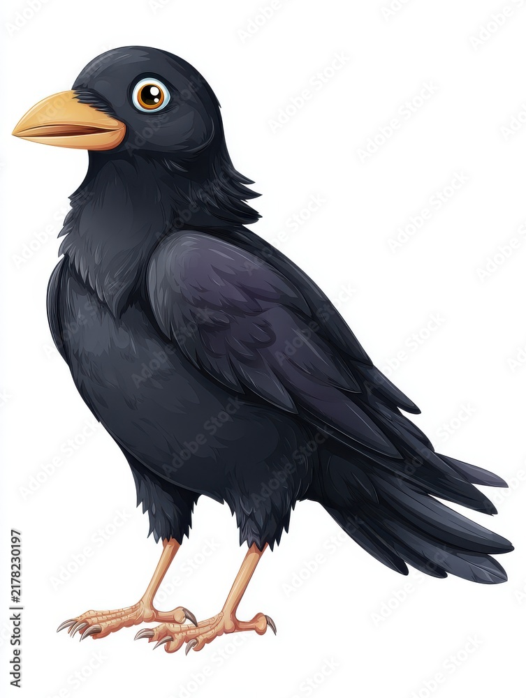 Obraz premium Cute Cartoon Black Crow Illustration With Orange Beak And Large Eyes Against A White Background