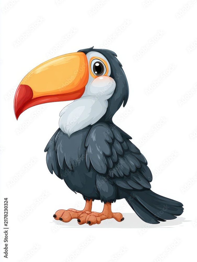 Obraz premium Cute Cartoon Toucan With Large Orange Beak And Black Feathers Isolated On A Plain White Background