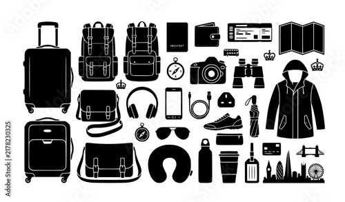 London Tourist Travel Gear and Accessories Flat Silhouette Vector Set