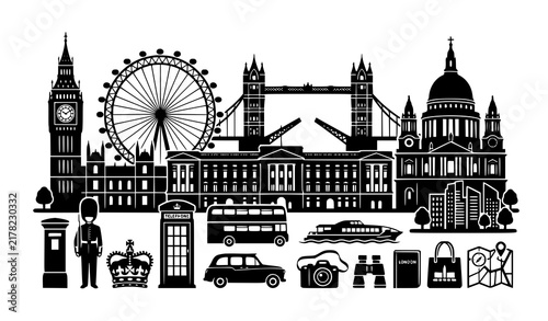 London Sightseeing Landmark and Tourist Object Flat Silhouette Set