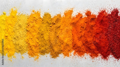Colorful spice powder gradient line from yellow to red on white background, vibrant texture of turmeric, curry, paprika and chili, fresh cooking ingredients