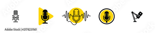 Microphone Podcast Icon Set Vector Illustration, Audio Sound & Voice Recording Line Art & Glyph