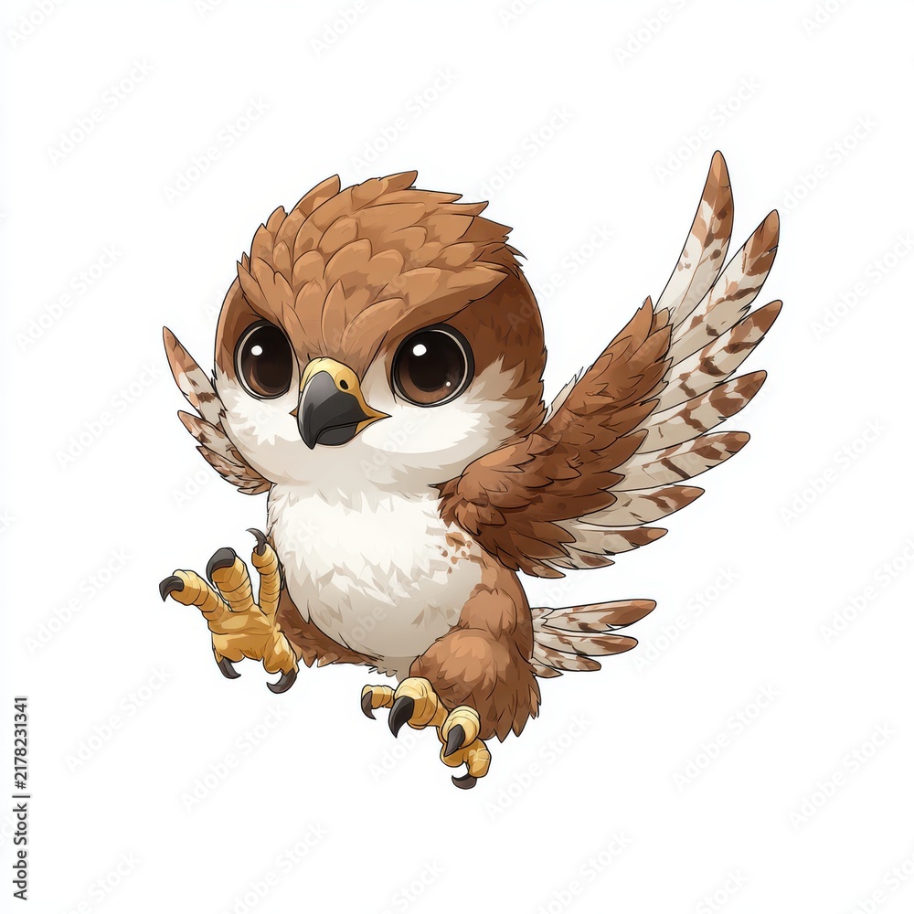 Obraz premium Cute Little Brown Sparrow Chick Flying With Outstretched Wings Isolated On White Background