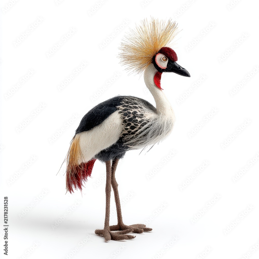 Fototapeta premium Decorative Beaded Grey Crowned Crane Ornament Standing On White Background