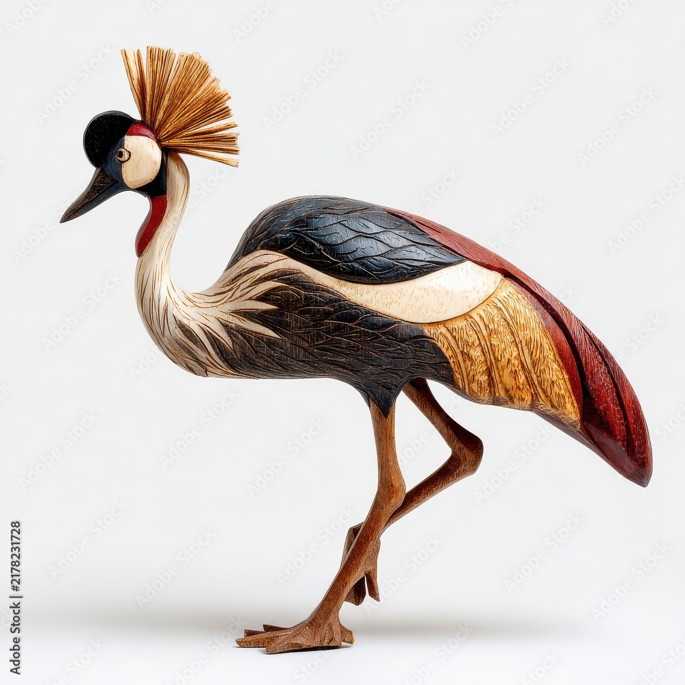 Fototapeta premium Decorative Wooden Sculpture Of A Crowned Crane Bird Featuring Intricate Texture And Natural Colors
