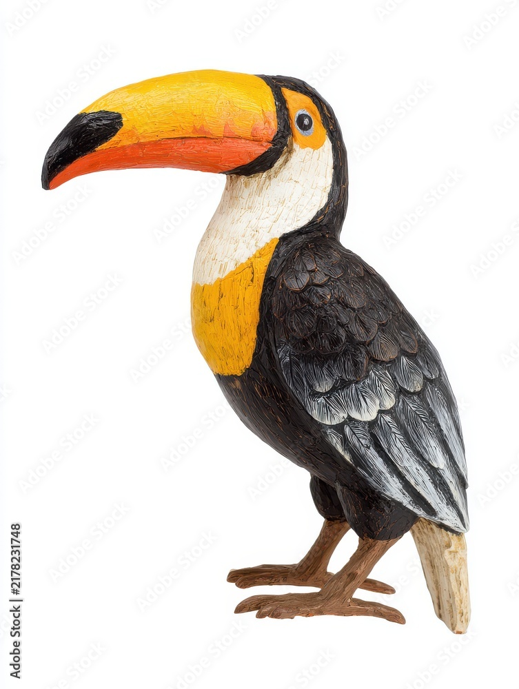 Obraz premium Decorative Wooden Toucan Figurine With Bright Painted Tropical Colors Against A Clean White Background