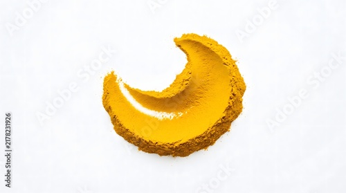 Colorful spice powder spectrum. Turmeric, cumin, paprika, chili and saffron seasoning. Fresh aromatic food ingredients isolated on white background. Culinary cooking ingredients with copy space.