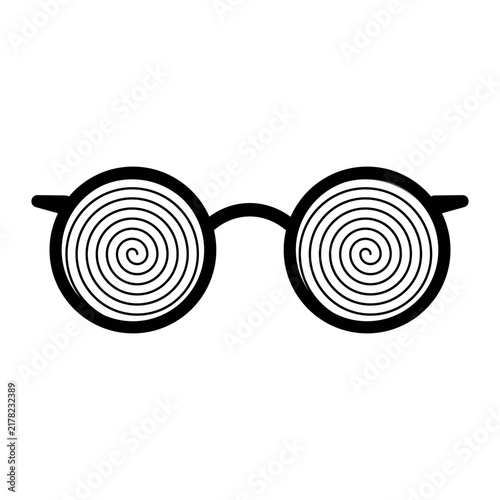 Black outline illustration of hypnotic glasses with swirling spiral lenses. Optical illusion concept with a mesmerizing, surreal and psychedelic design.