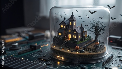 Miniature haunted house inside a glass dome on a computer circuit board for Halloween
