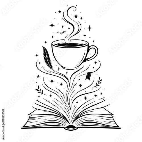 Magical Book and Floating Coffee Cup Vector Line Art - Open Pages with Swirling Stars, Feather Pen, and Magic Smoke for Fantasy Design
