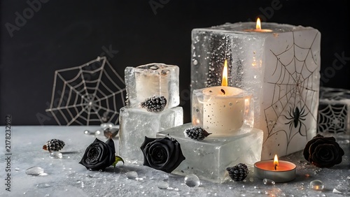 Halloween candles with black roses and spider webs frozen in ice blocks