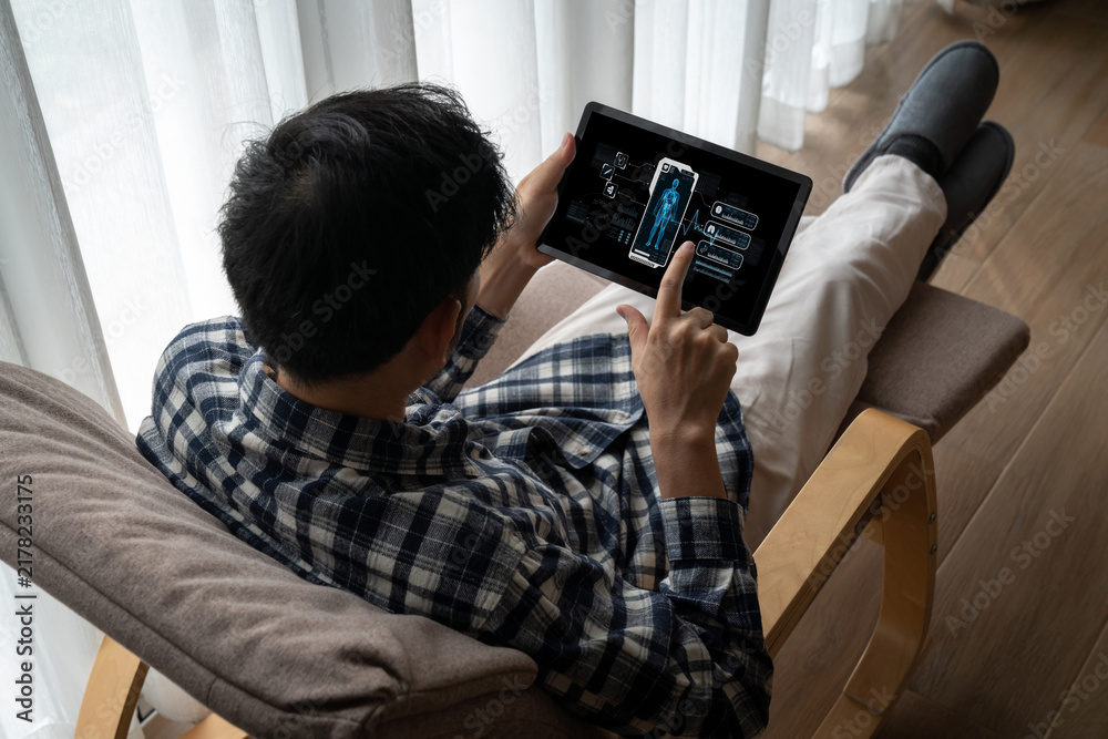 Obraz premium Medical science technology and futuristic healthcare virtual computer software analyze human health and diagnose disease for doctor data and medical research. brisk