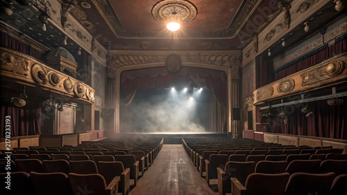 Abandoned 1920s theater interior with vintage architecture and dramatic stage spotlighting.