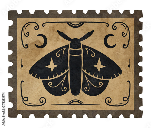 Vintage Halloween Paper Postage Stamp with Moth Silhouette. Antique scrapbook mark with crescent moon and star for journal and collage design