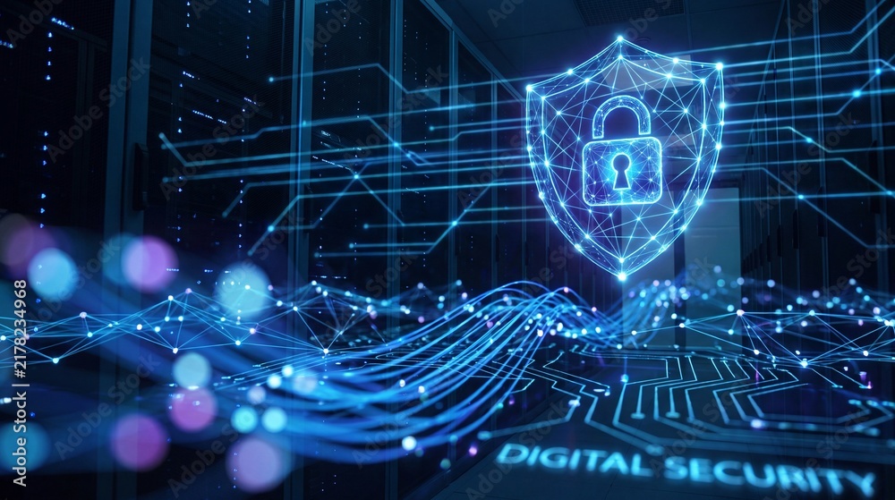 Fototapeta premium Glowing Digital Security Shield Icon with Padlock Over Server Room Data Center Background, Symbolizing Cybersecurity and Data Protection Concept