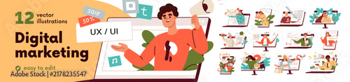 Digital content, online marketing. Business in media, web sites. Communication in digital marketing, online content for business. Internet work, training, advertising. Flat vector illustrations