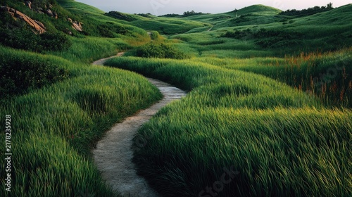 Serene Green Landscape with Winding Path Through Lush Hills.